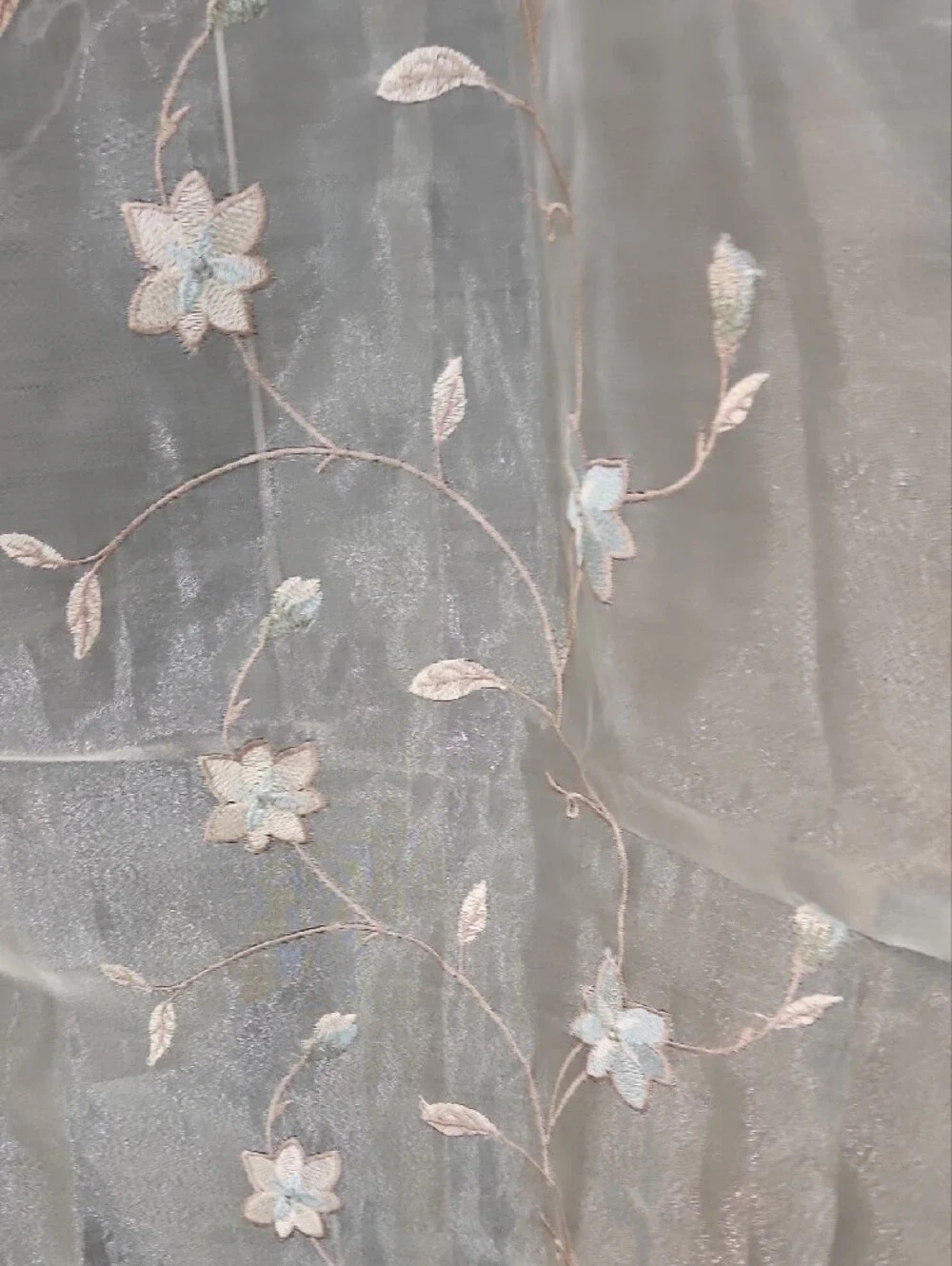 Pair Of 2 Champagne Sheer Embroidered Floral Curtain Panels  84